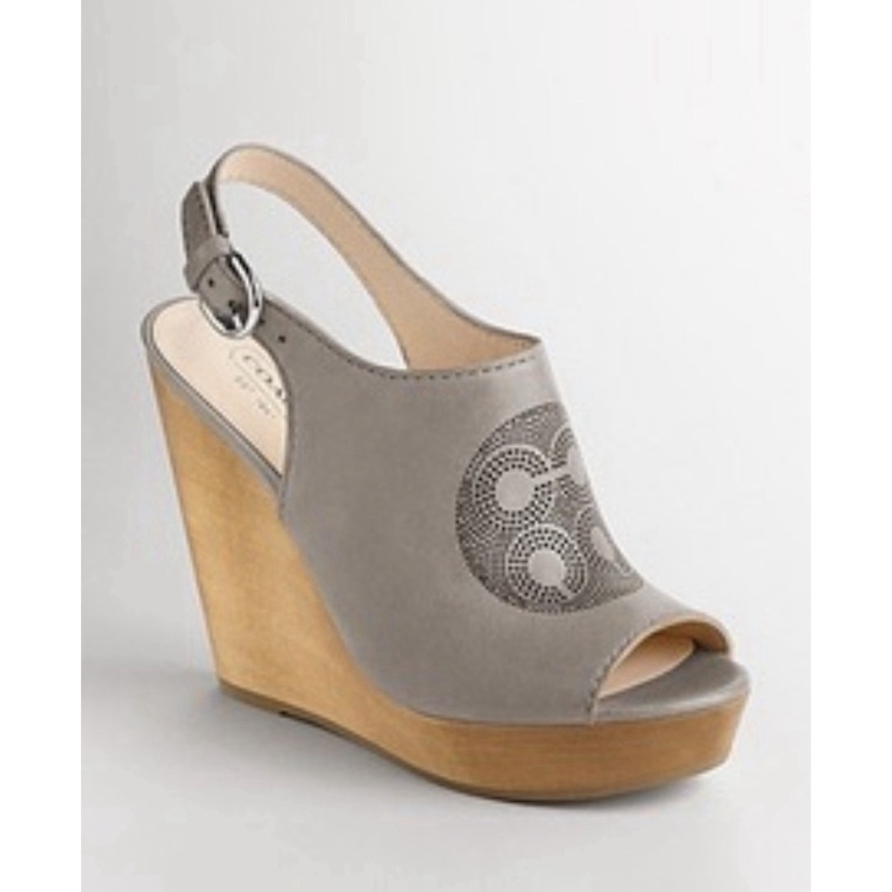 Coach‎ Jade Wedge Platform Leather Laser Cut-out Open Peep Toe Taupe Gray 8